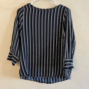 T Tahari Blue & White Striped Silky Blouse Small